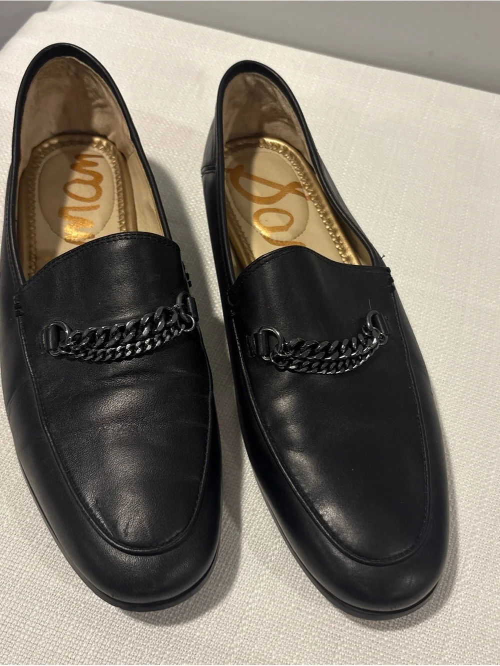 Sam Edelman Black Leather Chain-Trim Slip-On Loafers